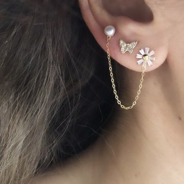 Zincirli İncili  Çiçek Küpe Gold