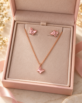 925 Ayar Gümüş Swarovski Pembe Kelebek Seti