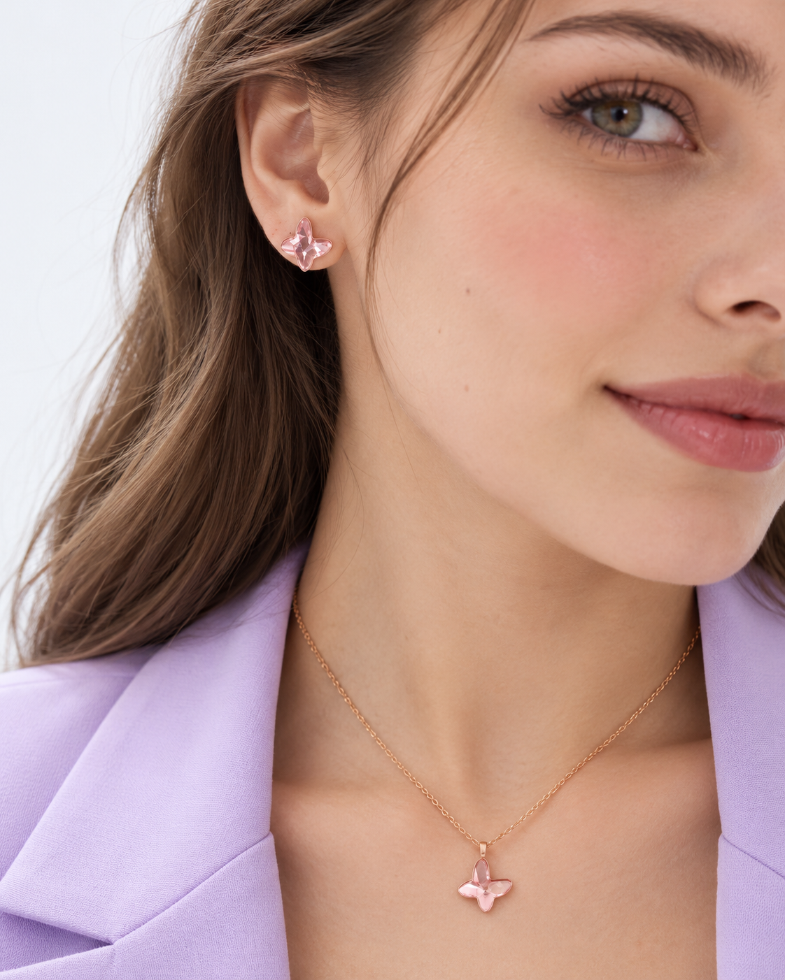 925 Ayar Gümüş Swarovski Pembe Kelebek Seti