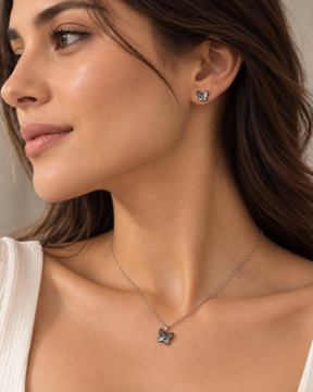 925 Ayar Gümüş Swarovski Gri Kelebek Kolye Küpe Takımı