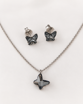 925 Ayar Gümüş Swarovski Gri Kelebek Kolye Küpe Takımı