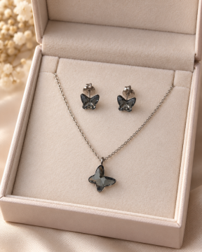 925 Ayar Gümüş Swarovski Gri Kelebek Kolye Küpe Takımı