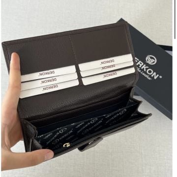 Dıştan Patlı Kibar Hakiki Deri Kahverengi Kadın Cüzdanı