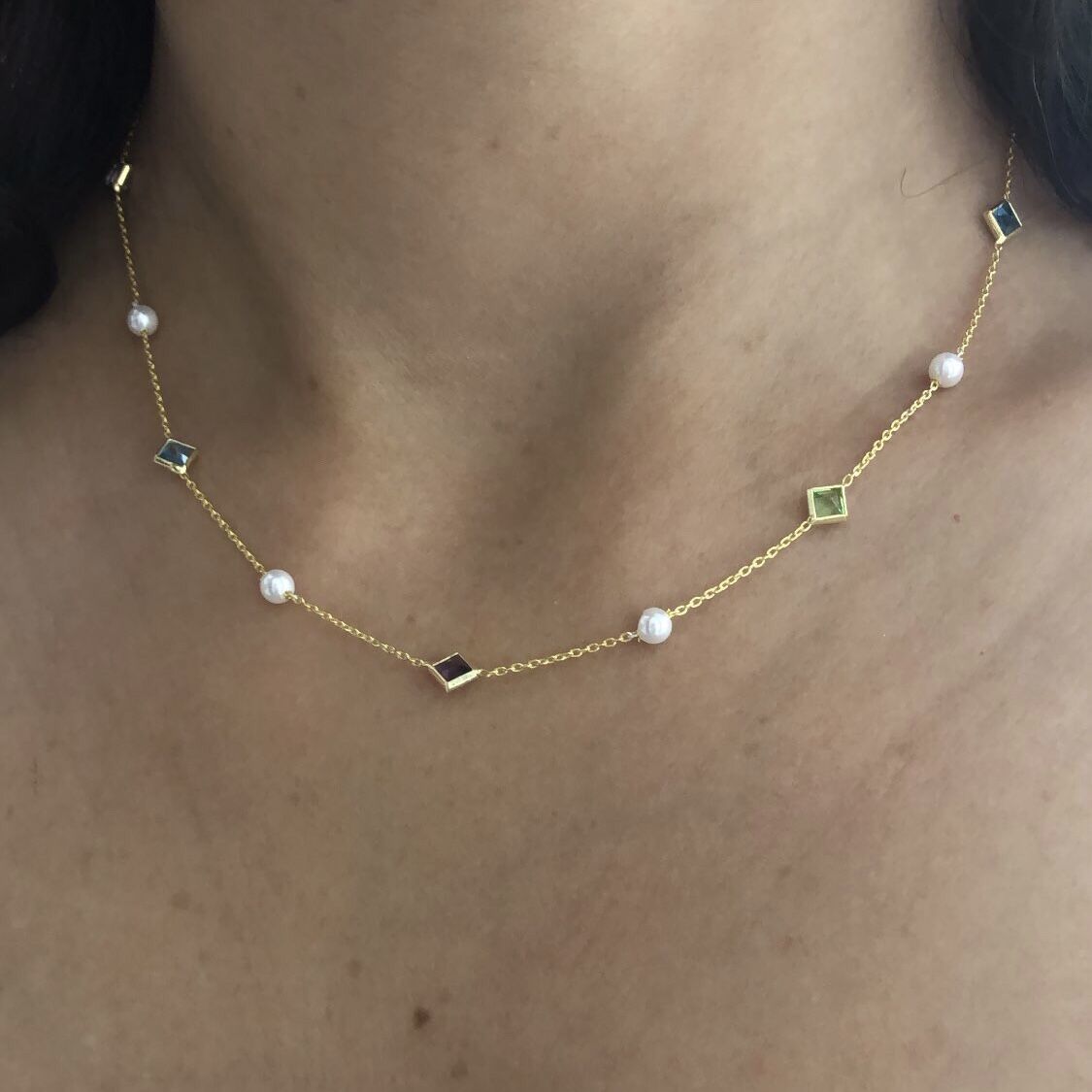 İthal Renkli Taşlı İnci Kolye